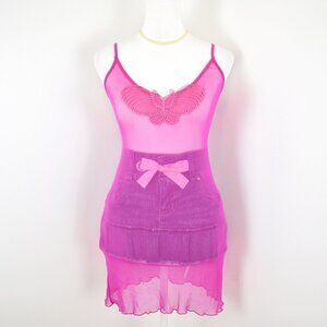 Vintage 2000s Y2K Hot Pink Sheer Mesh Babydoll Lingerie Slip Cami Top Sz Medium